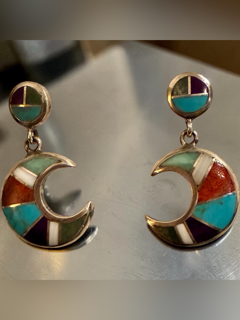 Crescent Moon Zuni Mosaic Inlay Turquoise Coral Onyx Sterling Silver Earrings